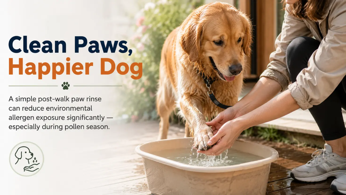 owner rinsing a dog's paw in a small tub of water after a walk