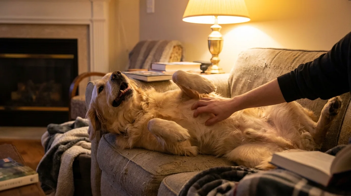 golden retriever laying on back seeking belly rub from owner indoors