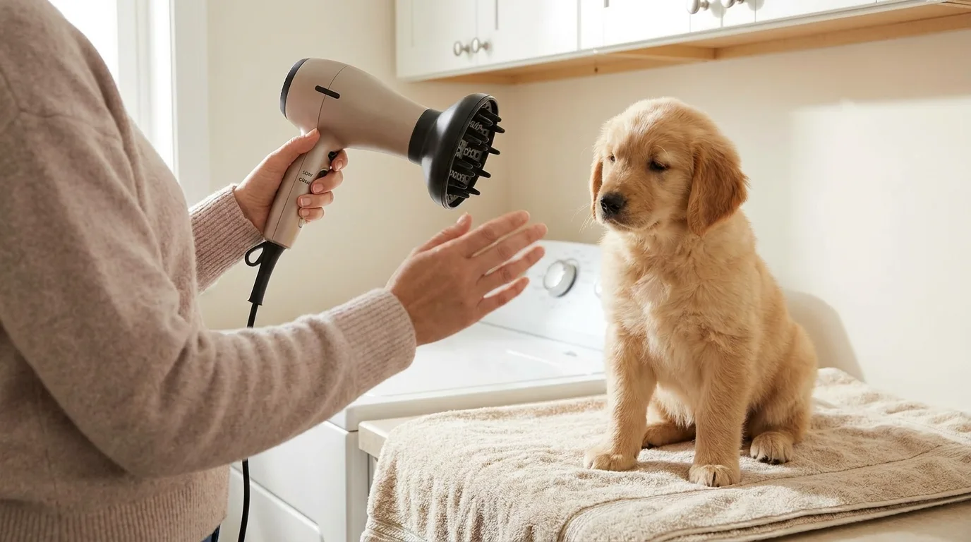 fluffy golden retriever puppy wrapped in a white towel after a bath, looking comfortable