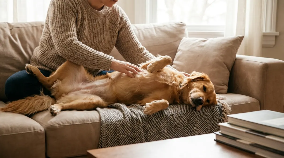 owner gently petting dog's belly while dog lays relaxed on back on couch