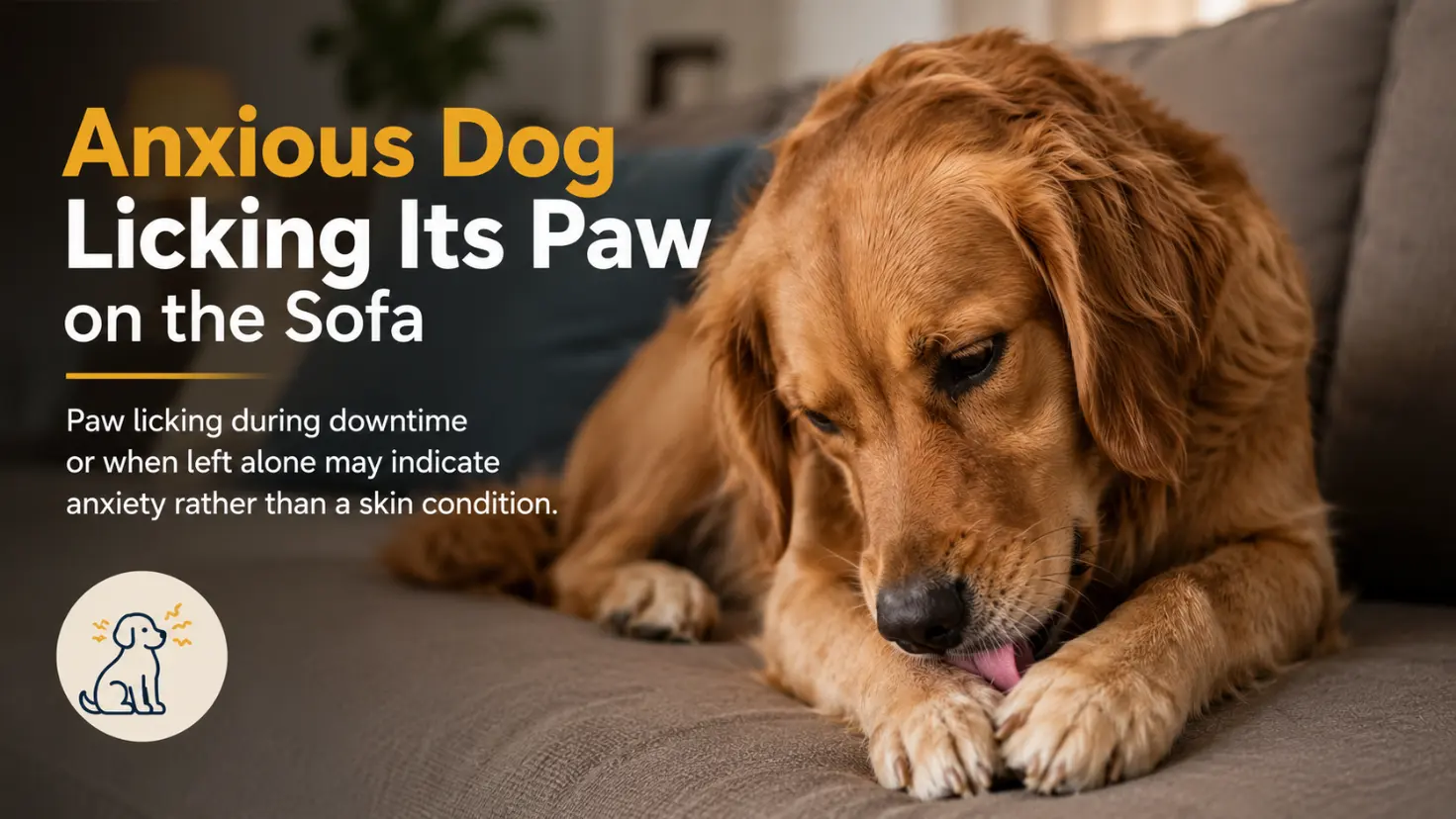 an anxious dog licking its paw while resting on a sofa