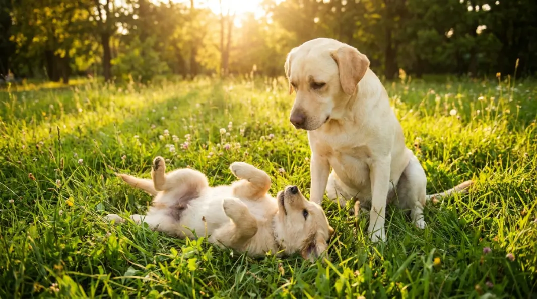 dog with relaxed loose body lying on back on grass in the sun