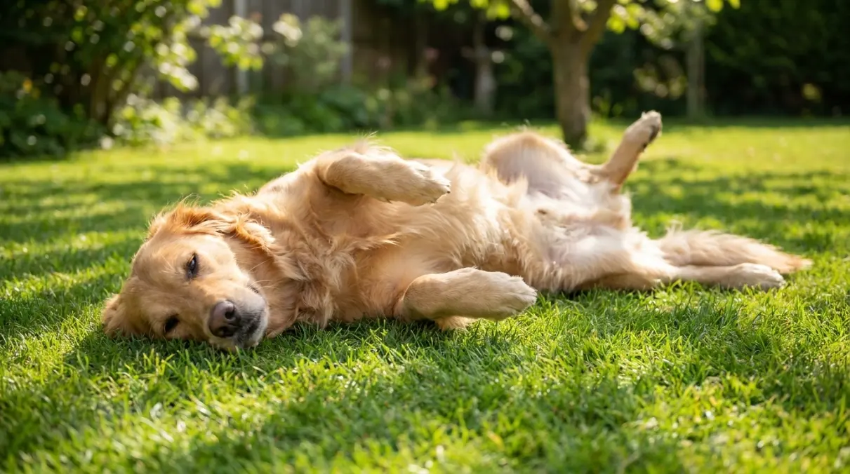 dog laying on its back with paws in the air on a sunny floor