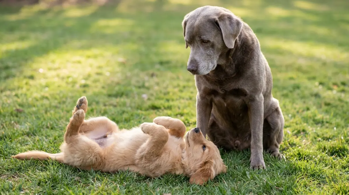 puppy rolling on back showing submissive belly-up posture around older dog