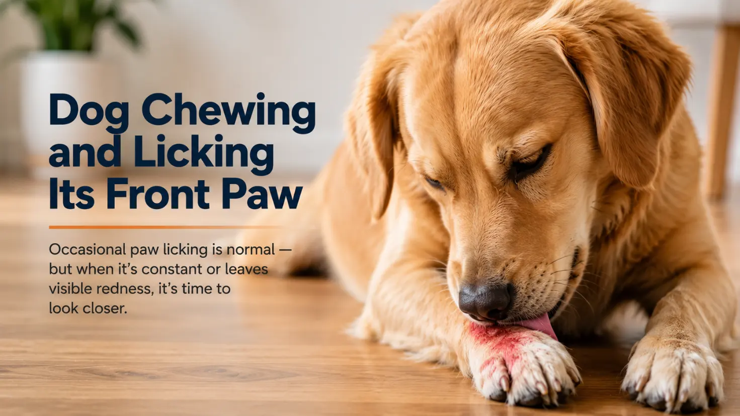 dog chewing and licking its front paw on a wooden floor