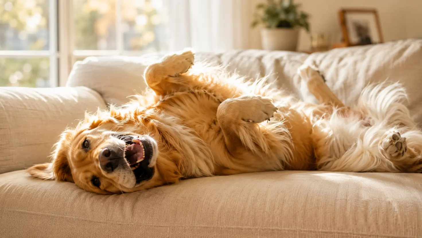 Happy golden retriever puppy sitting on a sunny garden path, representing the joy and warmth of responsible dog ownership