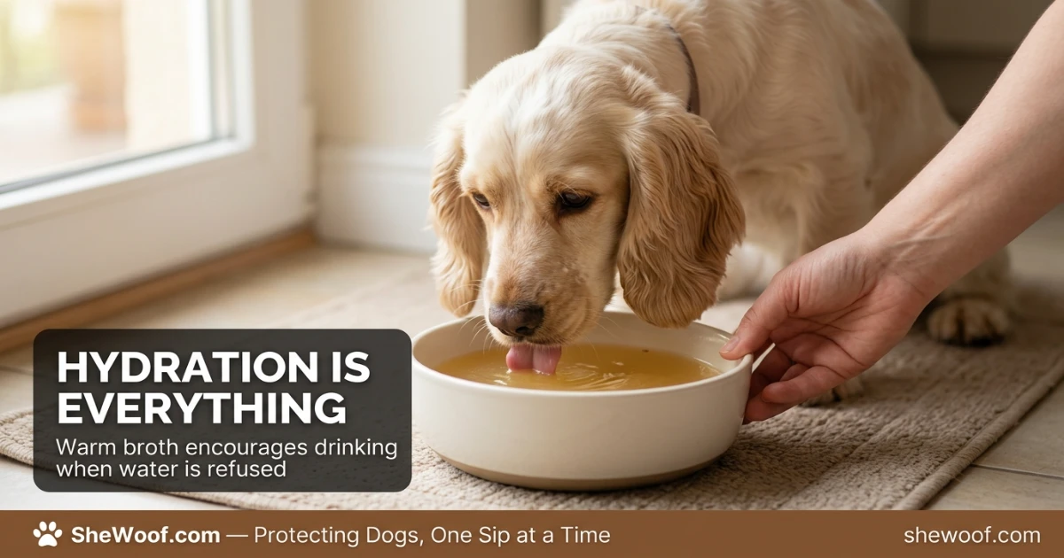 Dog drinking warm bone broth from a bowl to stay hydrated during a cold