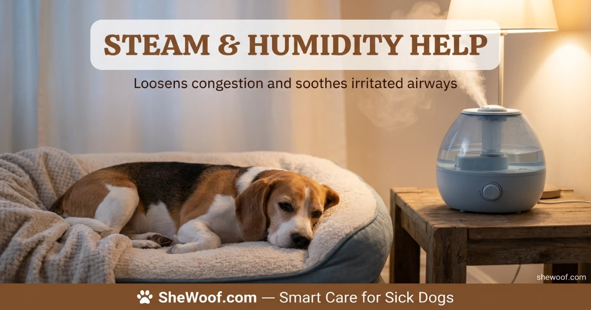 Dog resting comfortably near a cool-mist humidifier to ease cold congestion at home