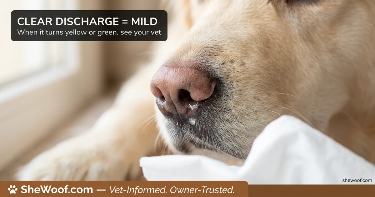 Close-up of a dog's nose with clear nasal discharge indicating a mild respiratory infection