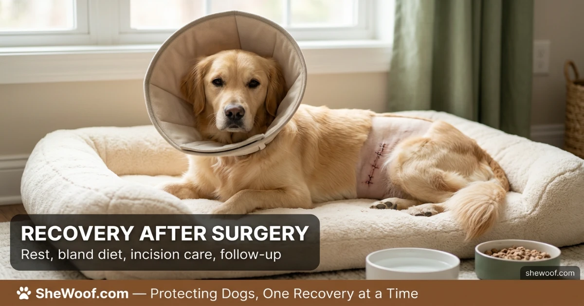 Dog resting comfortably at home during recovery from obstruction surgery