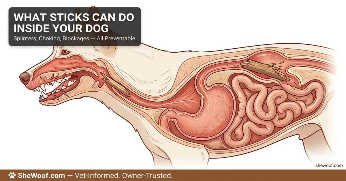 Illustration showing potential internal injuries from stick chewing in dogs