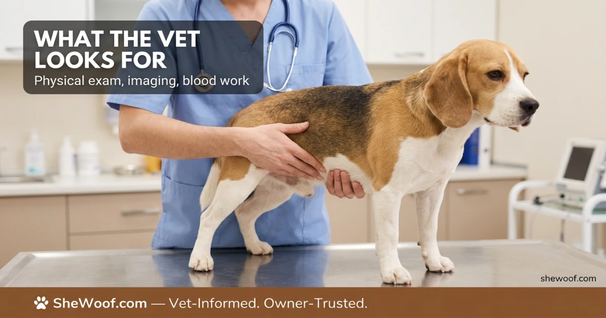 Veterinarian performing abdominal examination on a dog with suspected blockage
