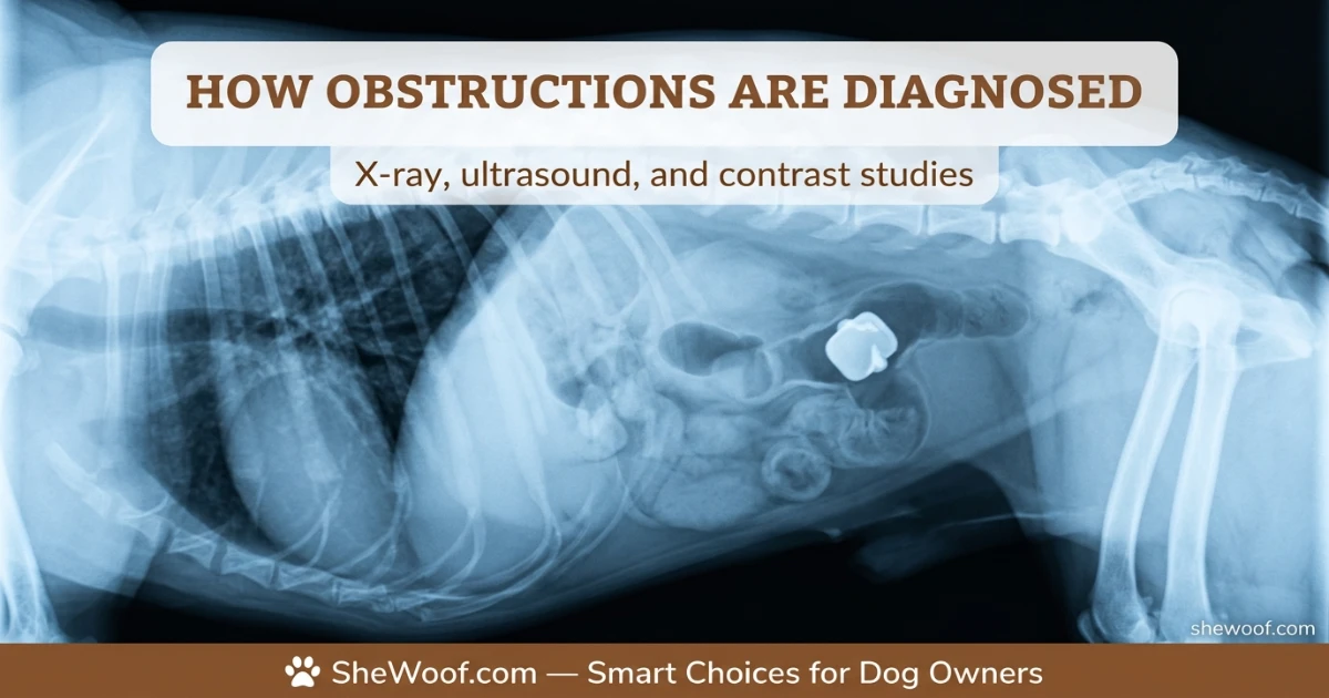 X-ray image showing foreign body obstruction in a dog's intestine