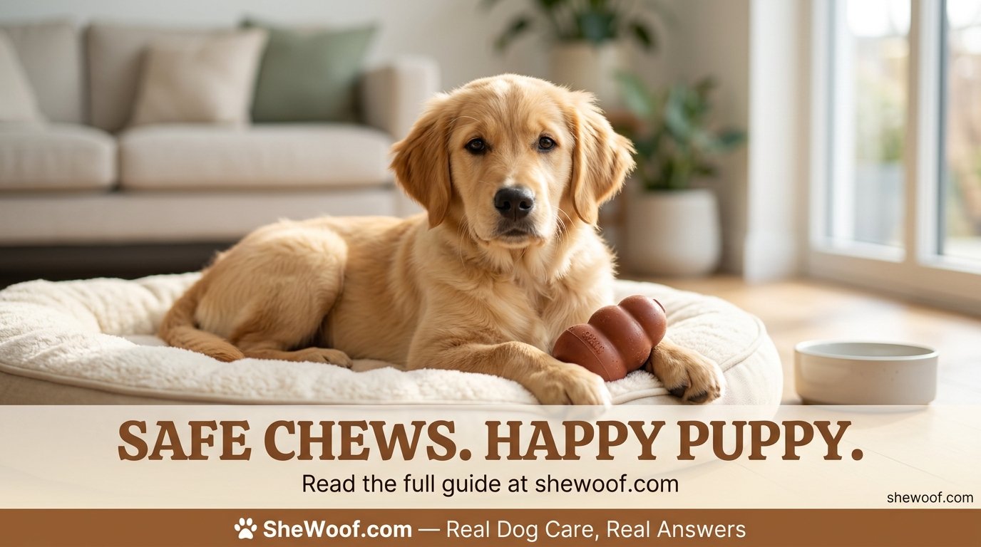 Content puppy resting with a safe rubber chew toy after redirected chewing training