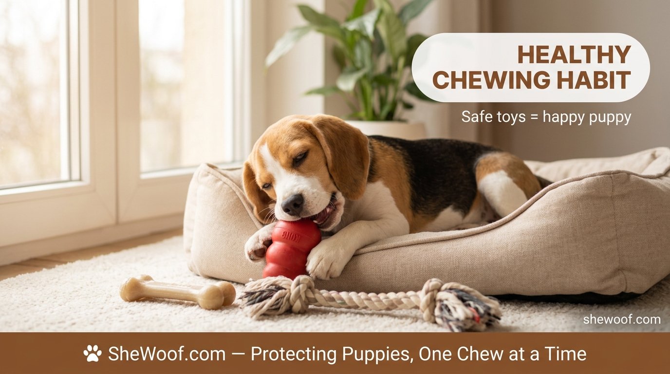Happy puppy chewing on a safe rubber toy indoors on a dog bed