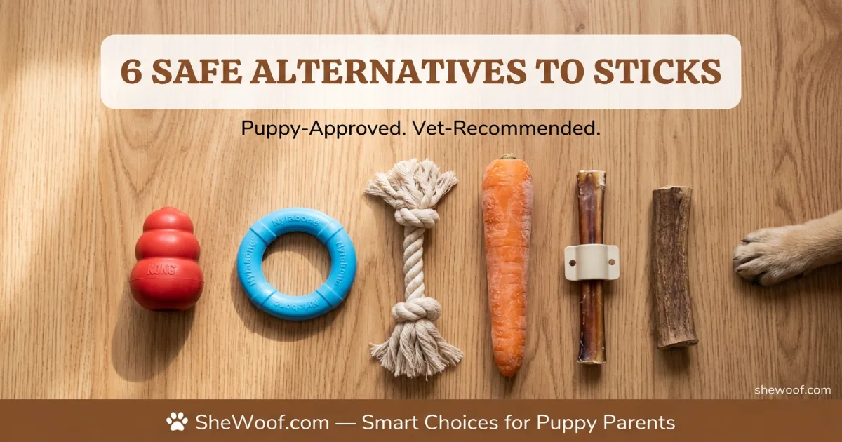 Collection of puppy-safe chew toys including Kong, rope toy, and dental chew
