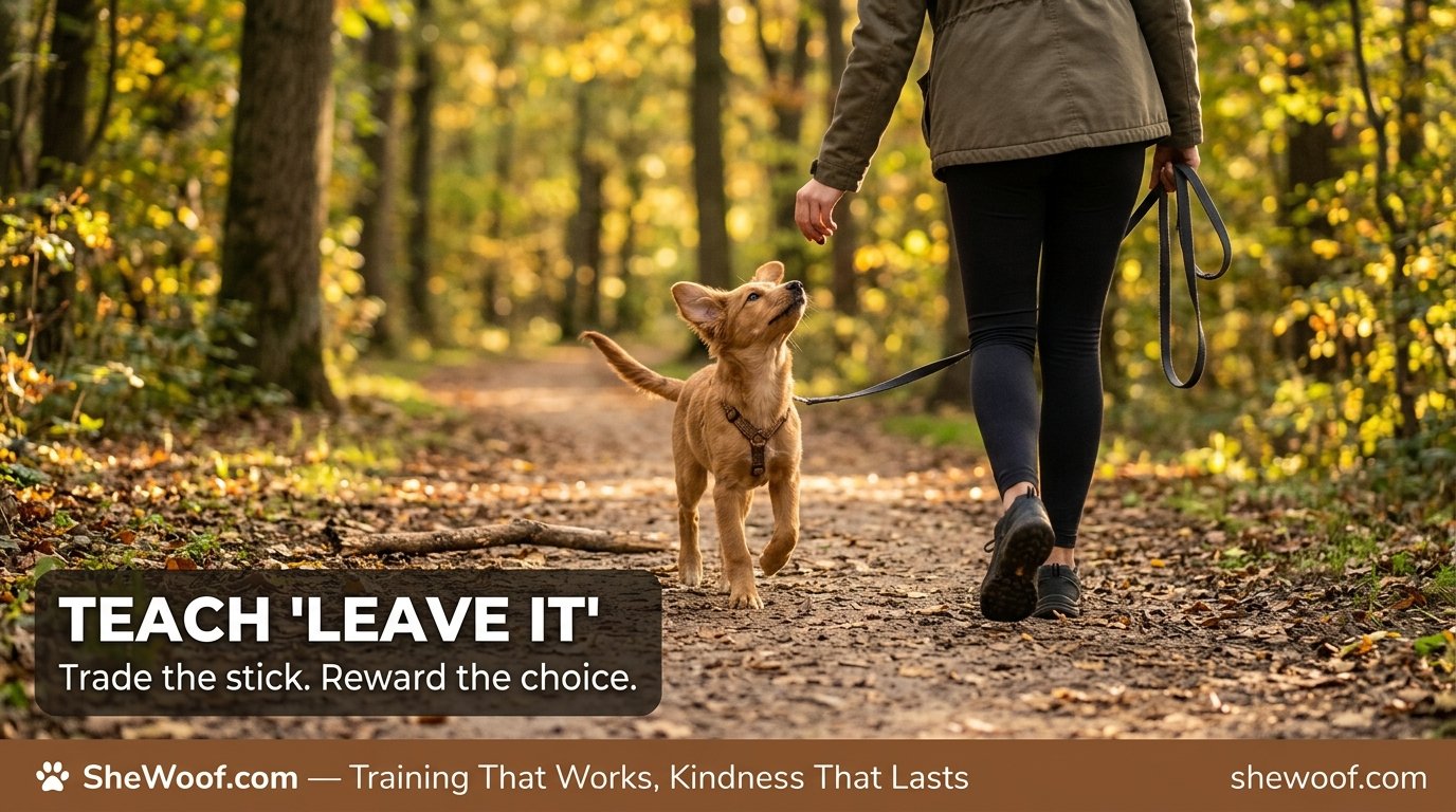 Owner training puppy to leave a stick during an outdoor walk using positive reinforcement