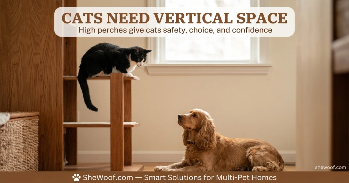 Cat sitting on a tall cat tree observing a dog from a safe elevated position in a living room
