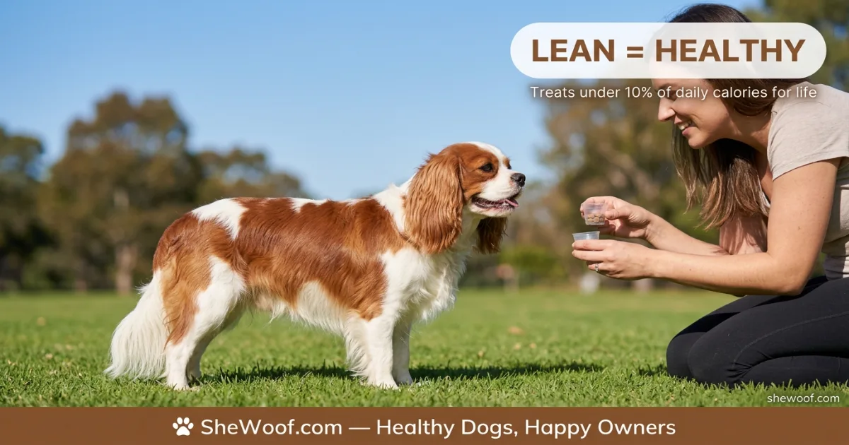 Healthy adult Cavalier King Charles Spaniel at ideal weight standing beside a small bowl of measured treats