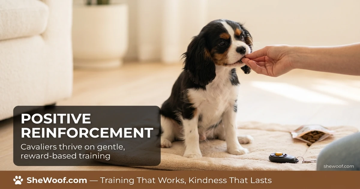 Cavalier puppy receiving a tiny treat during a positive reinforcement training session indoors
