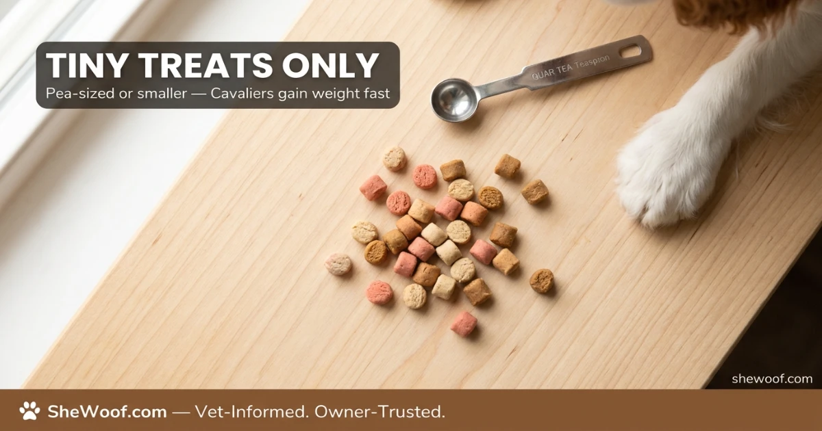 Close-up of small soft training treats next to a Cavalier puppy on a training mat