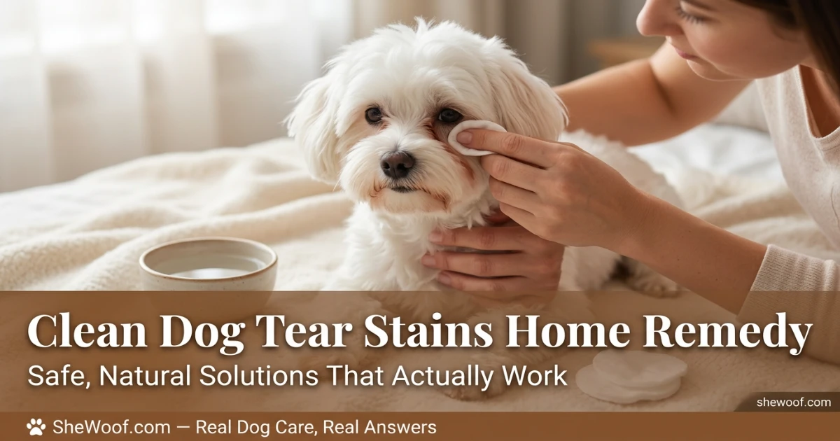 Owner gently cleaning tear stains from a white dog's face with a damp cotton pad