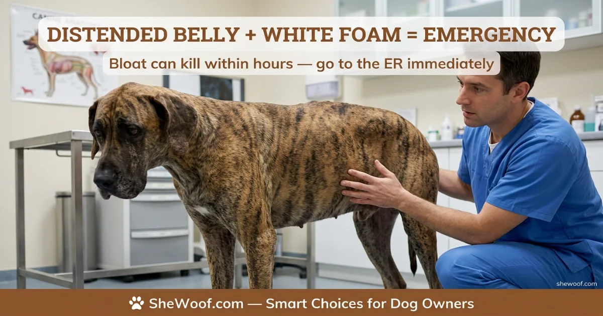 Dog with a visibly swollen and distended abdomen showing signs of bloat — a veterinary emergency