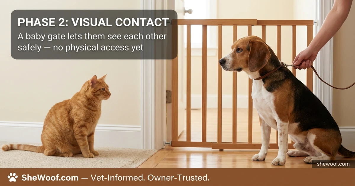 Dog and cat meeting through a baby gate barrier during a gradual introduction process