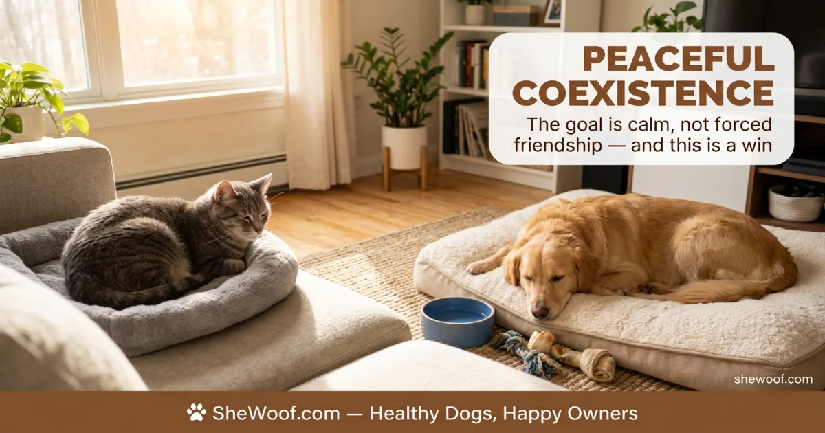 Dog resting calmly on a bed while a cat sits nearby on a cat tree in a peaceful home