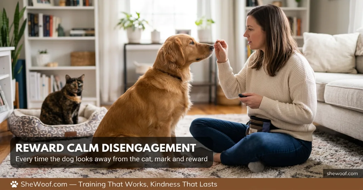 Owner rewarding a calm dog with treats while a cat observes from a nearby safe distance