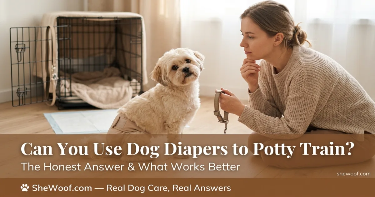 Small dog wearing a belly band diaper while an owner considers potty training alternatives