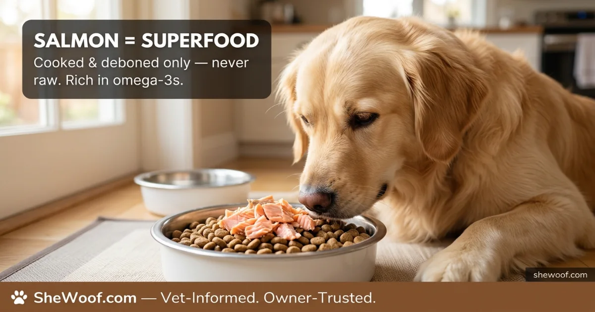 Dog happily eating a bowl of cooked deboned salmon with vegetables as a healthy meal