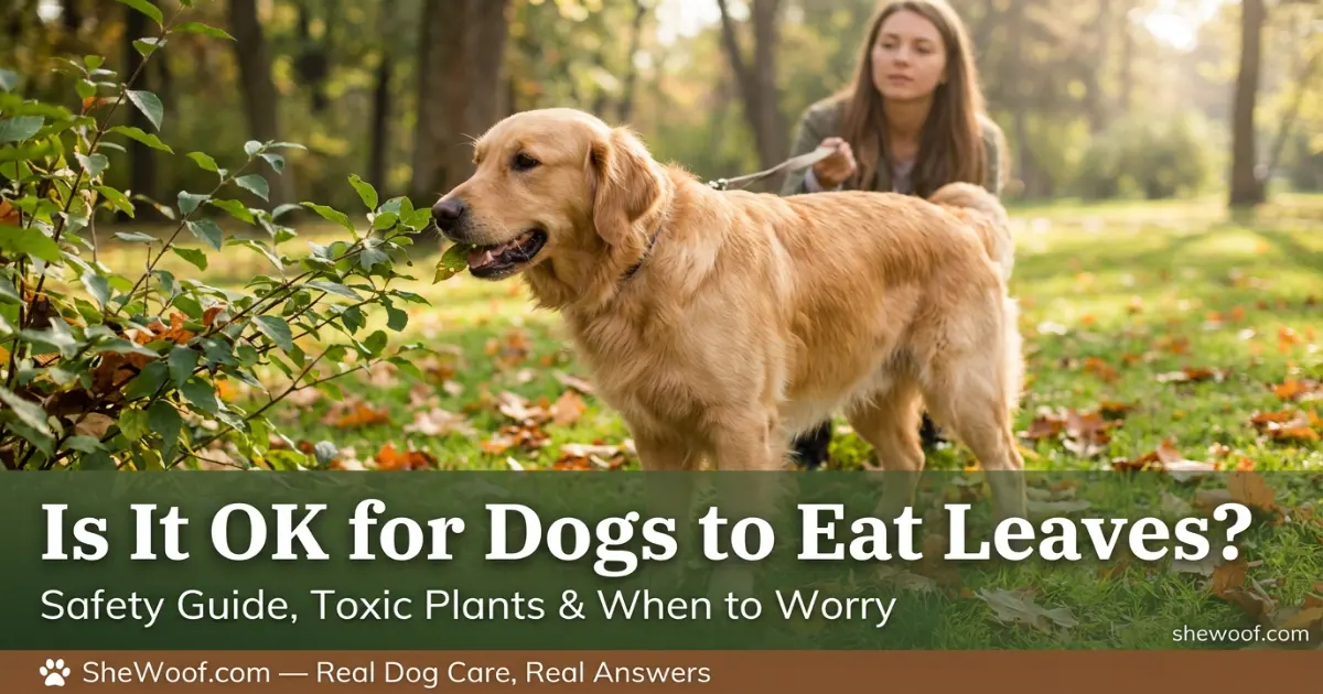 Dog gently nibbling on green leaves from a bush during an outdoor walk with owner nearby
