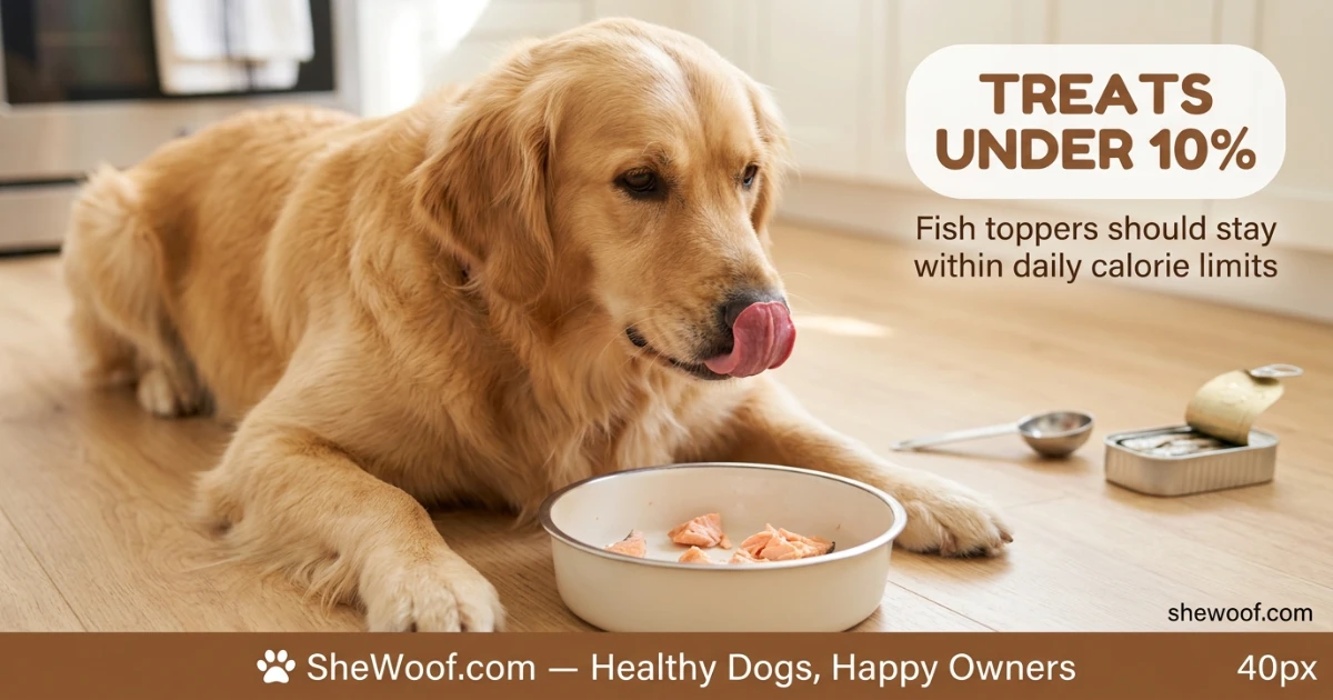 Happy dog eating kibble topped with flaked cooked salmon as a healthy meal addition