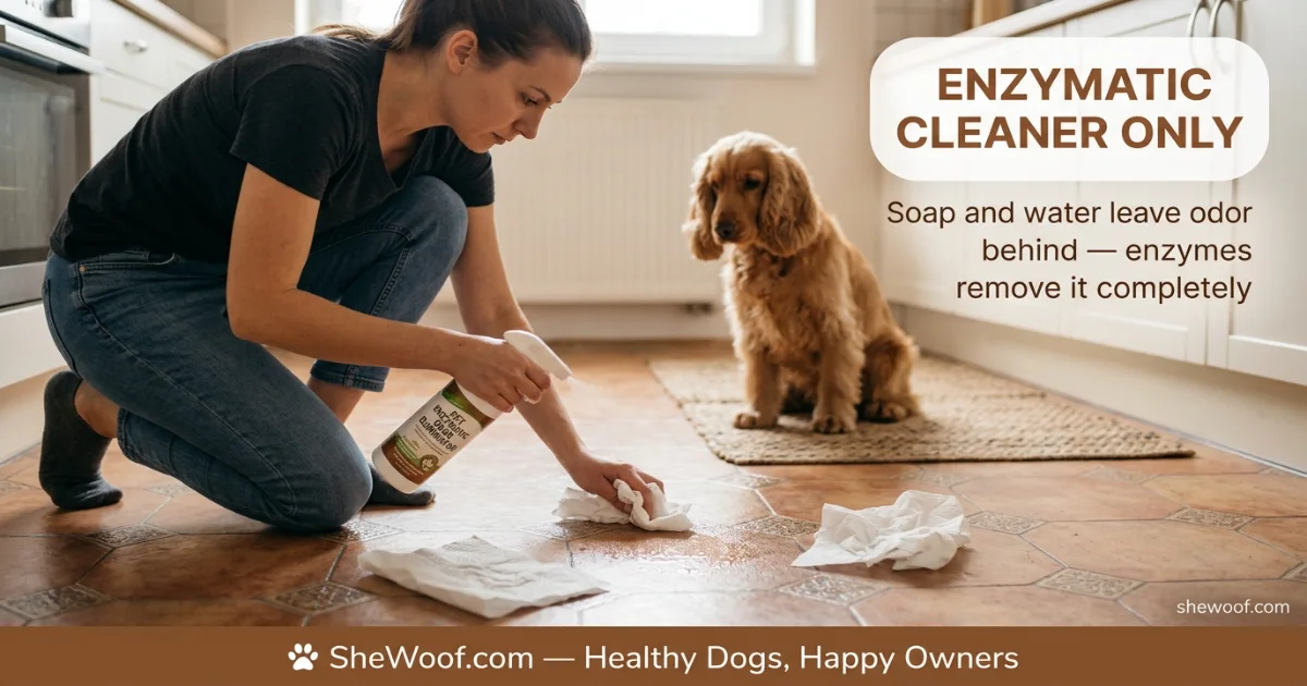 Owner cleaning a pet accident spot on the floor with an enzymatic cleaner and paper towels