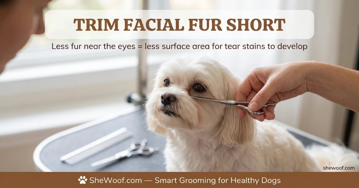 Owner carefully trimming the facial fur around a small white dog's eyes to reduce tear staining