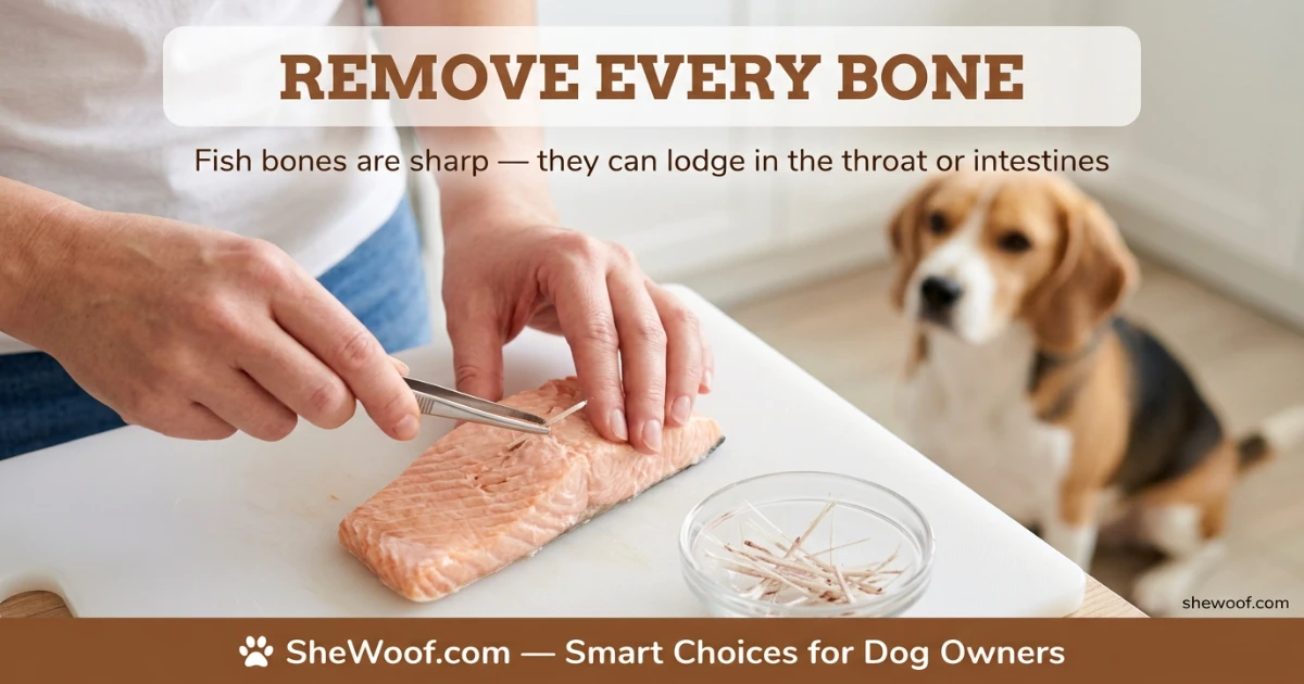 Owner carefully deboning a cooked salmon fillet before serving to a dog waiting nearby