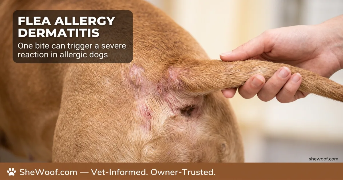 Dog with hair loss and red inflamed skin near tail base from flea allergy dermatitis