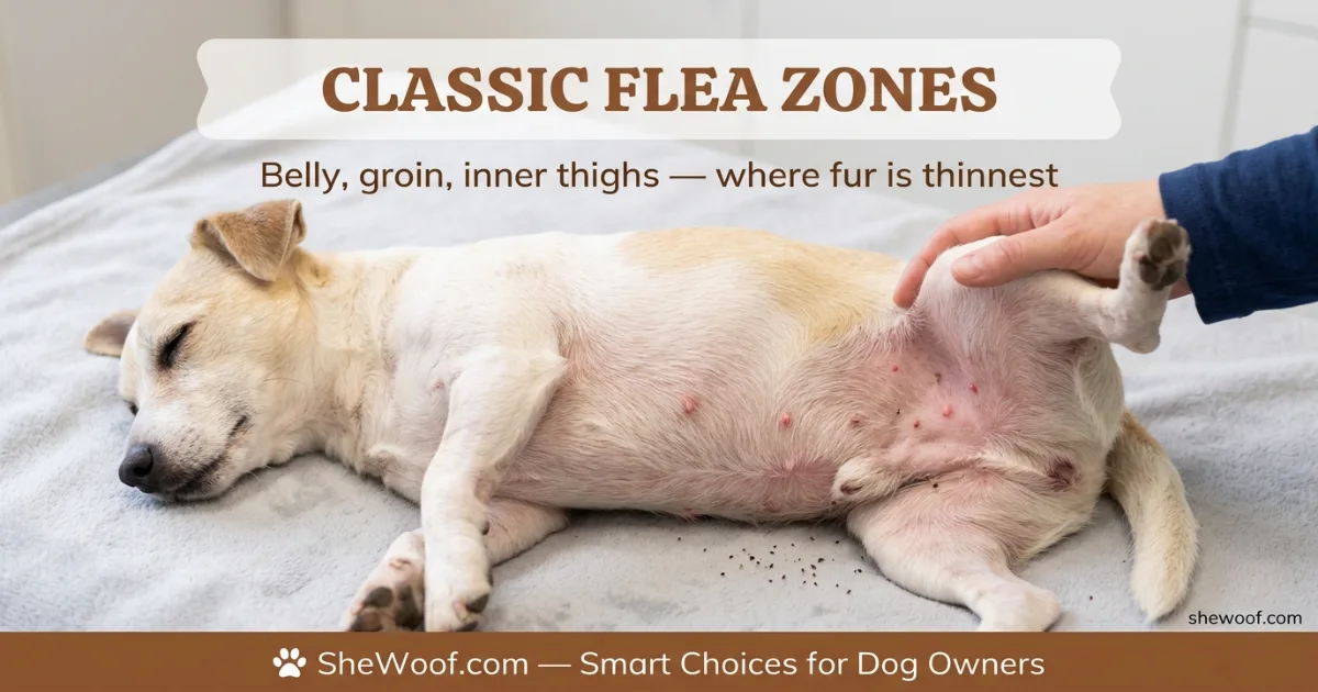 Small red flea bite bumps visible on a dog's pink belly skin between hind legs