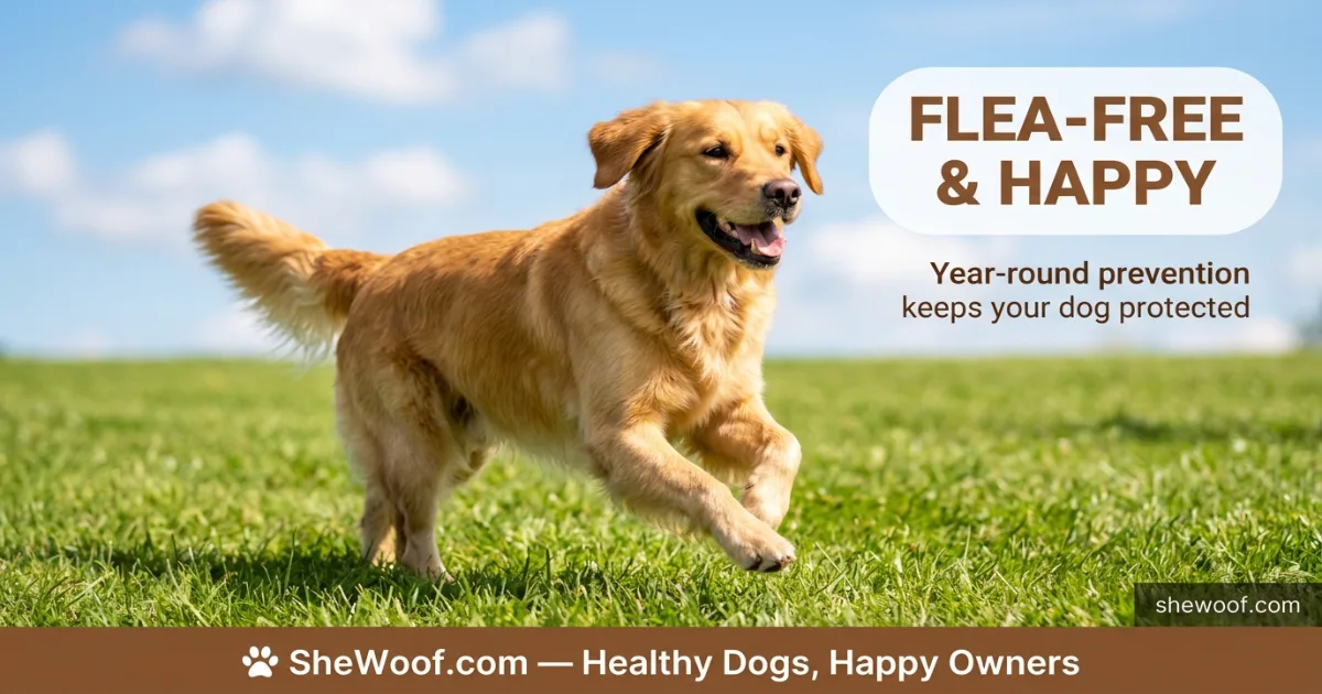 Happy healthy dog playing outdoors flea-free thanks to consistent year-round prevention