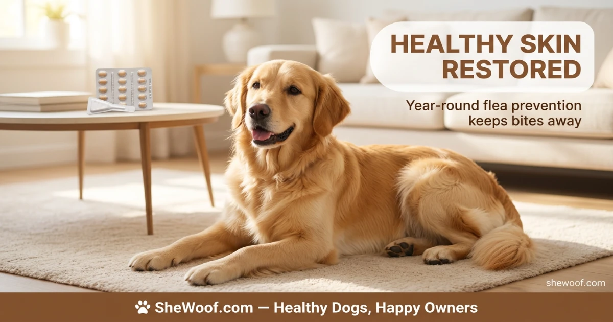 Dog with clean healthy skin and shiny coat after successful flea treatment and prevention