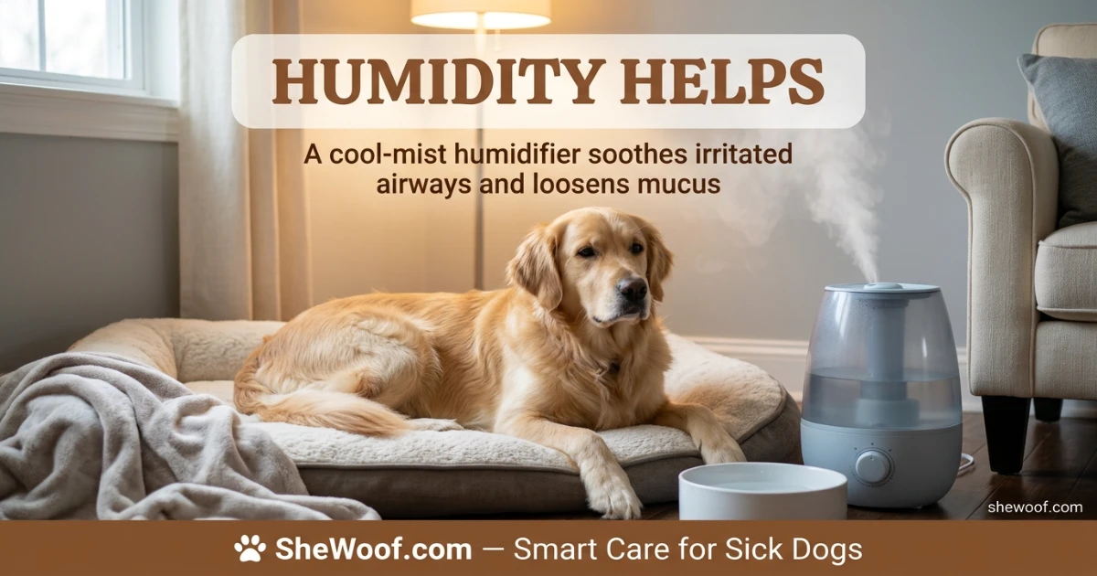 Dog resting comfortably near a cool-mist humidifier for kennel cough home care and relief