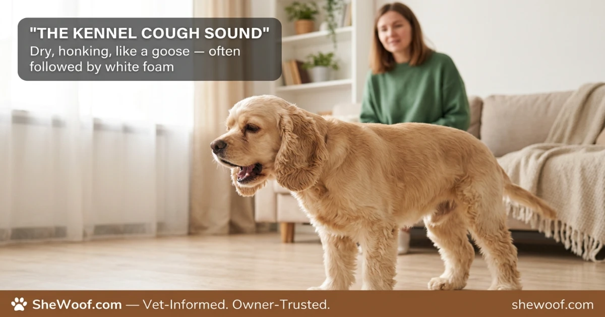 Dog with mouth open making a honking cough sound typical of kennel cough infection