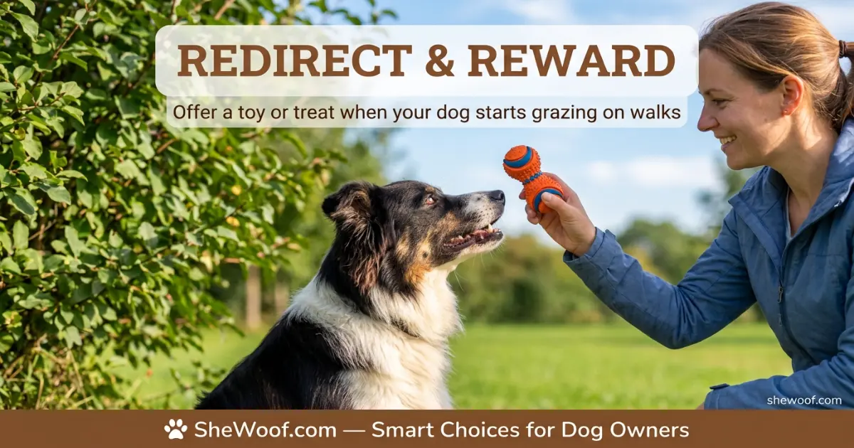 Owner redirecting a dog from eating leaves by offering a chew toy during a walk in the park