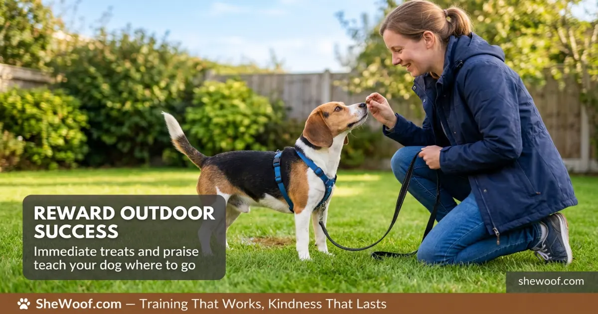 Happy dog being praised and rewarded with a treat after successfully eliminating outdoors