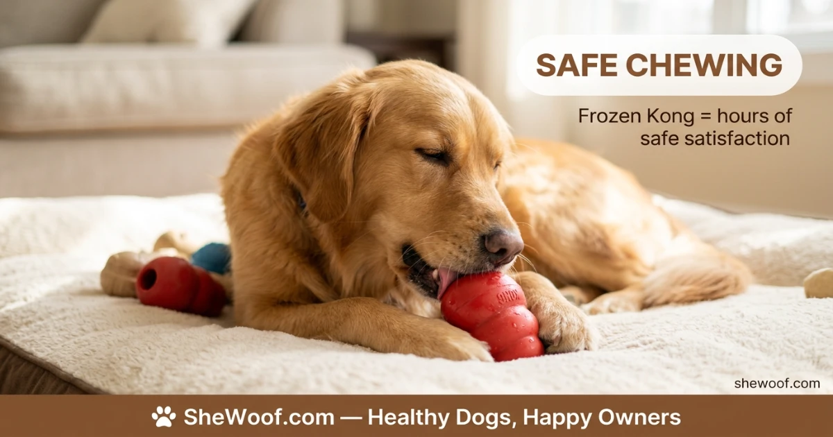 Dog happily chewing on a frozen stuffed Kong toy as a safe alternative to antlers
