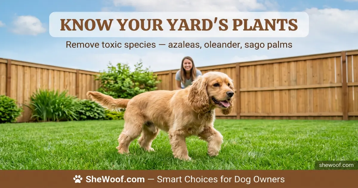 Dog playing in a safe backyard free of toxic plants with owner supervising
