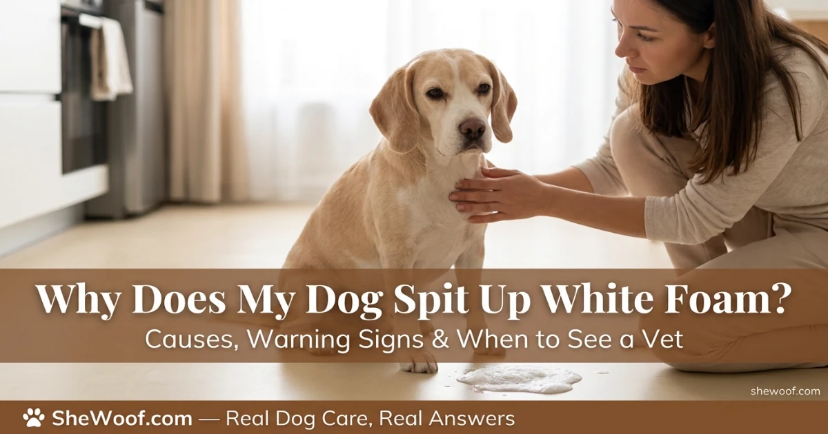 Dog sitting near a small puddle of white foam on the floor with a concerned owner nearby