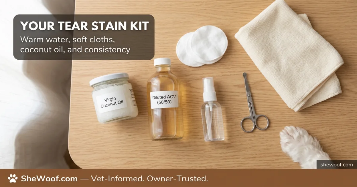 Collection of natural dog tear stain cleaning supplies including soft cloths, coconut oil, and diluted solution