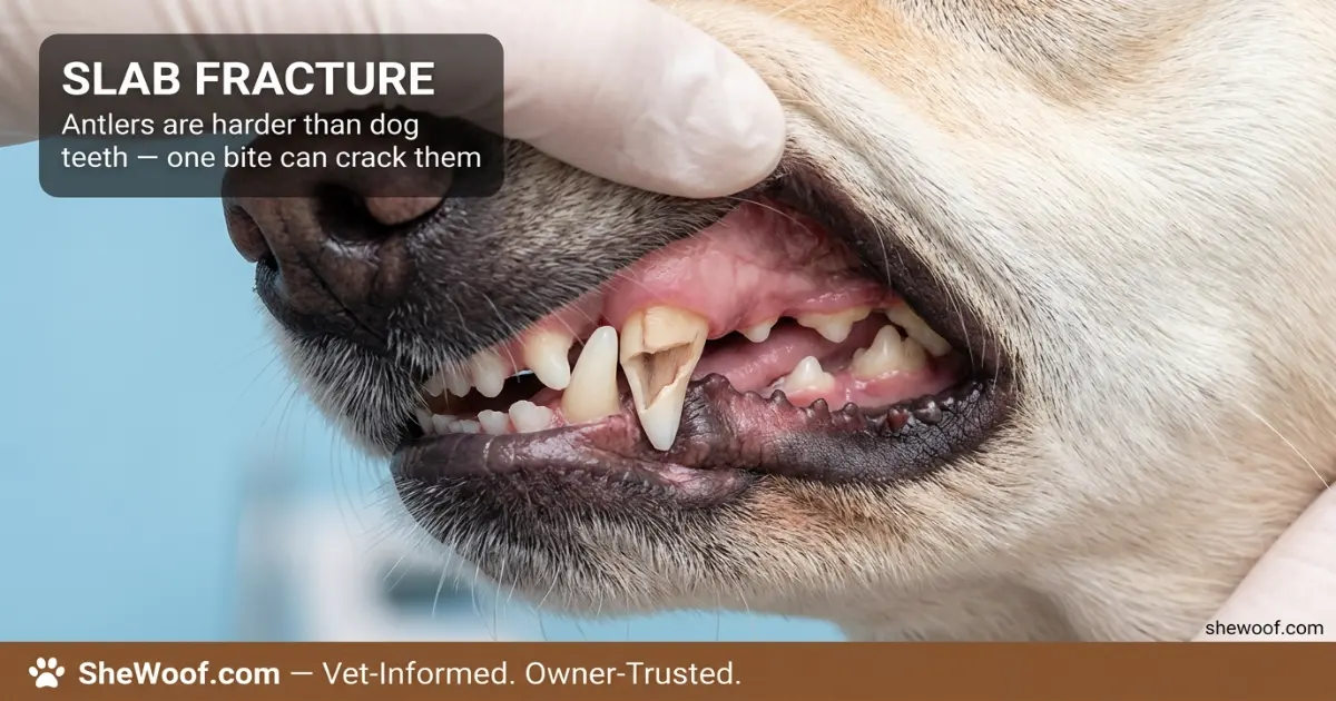 Close-up veterinary image of a dog's fractured carnassial tooth caused by hard chew